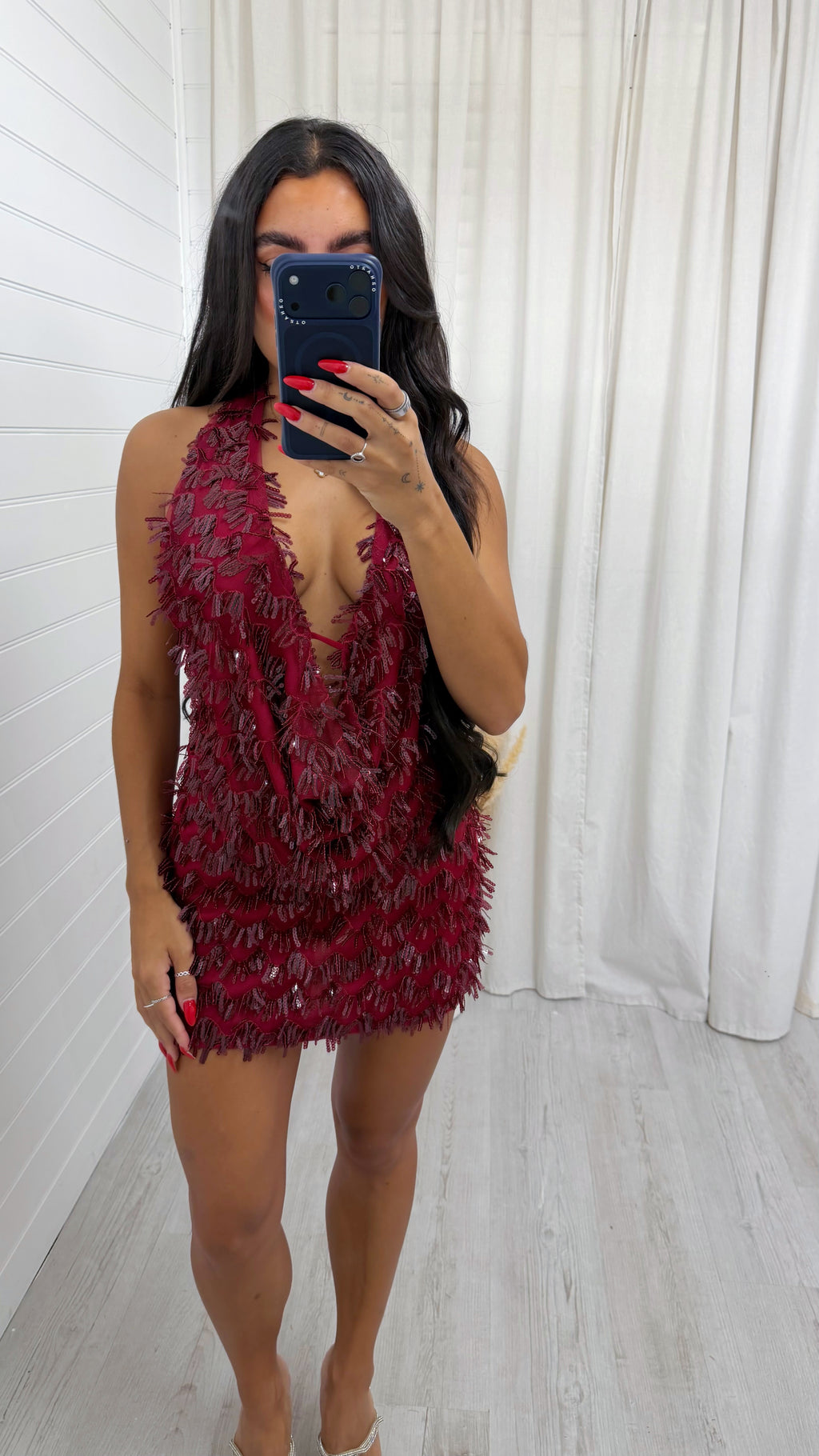 Cowl Neck Sequin Top and Skirt Set - BURGUNDY