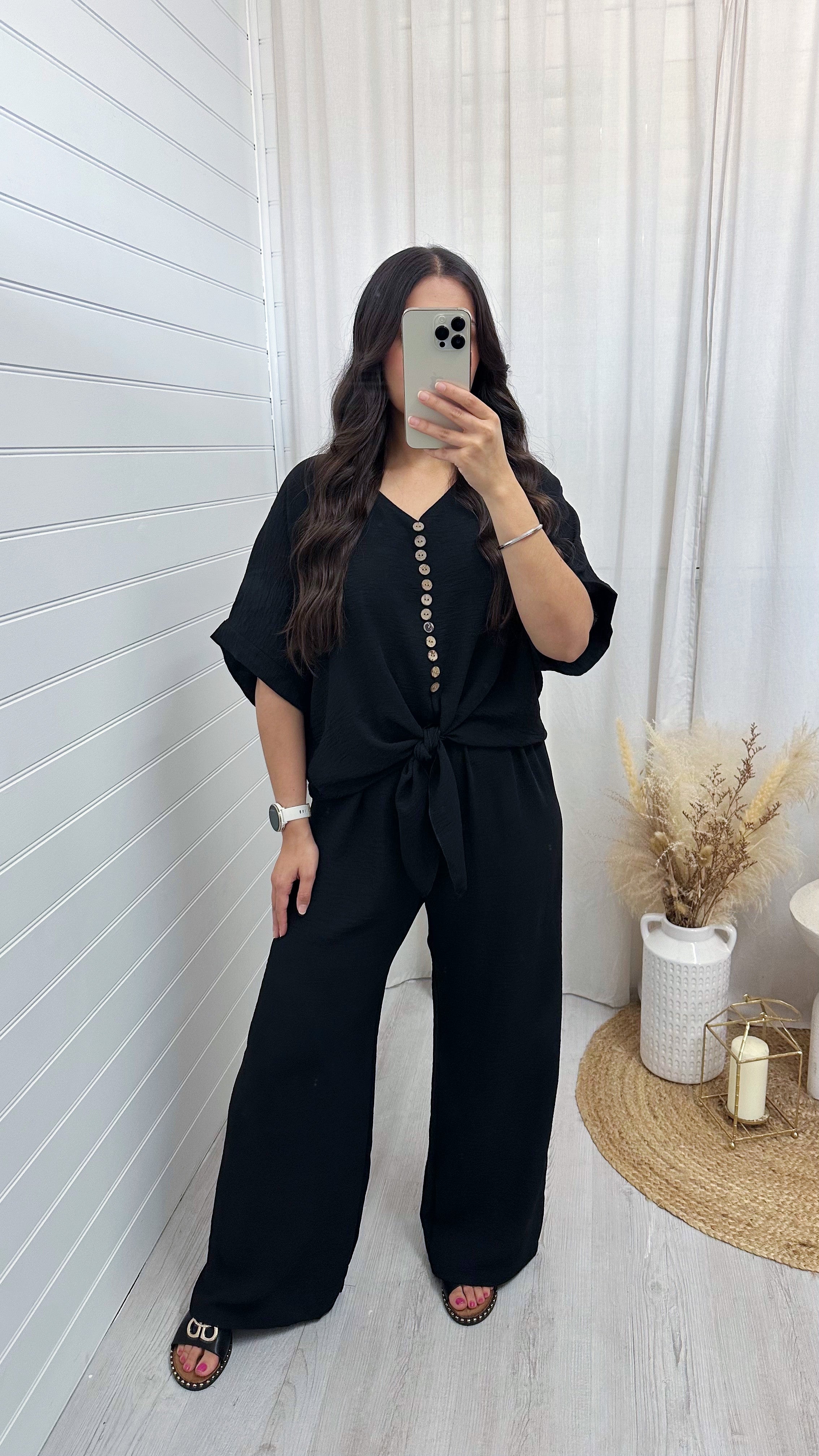 Tie Knot Button Top and Wide Leg Trousers Co-Ord - BLACK