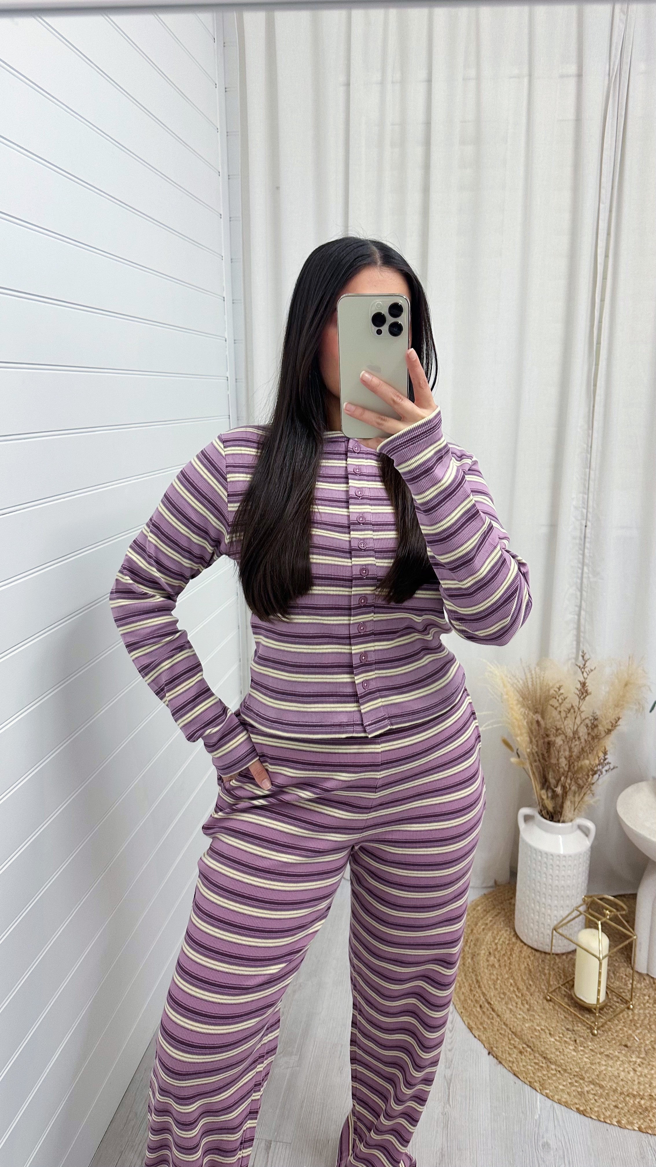 Stripe Knit Cardigan and Straight Leg Joggers Co-Ord - LILAC/LEMON