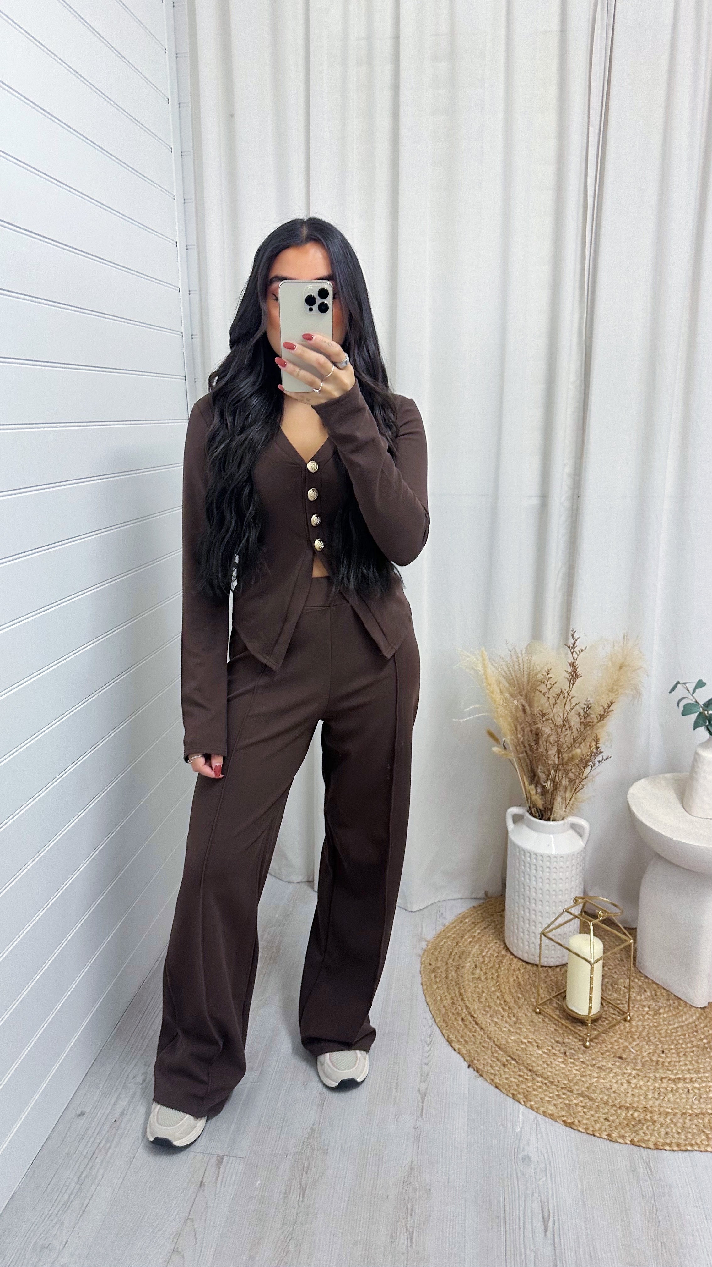 Gold Button Cardigan and Straight Trousers Co-Ord - BROWN