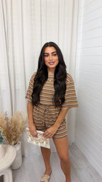 Waffle Stripe Crop Top and Shorts Co-Ord - TAN