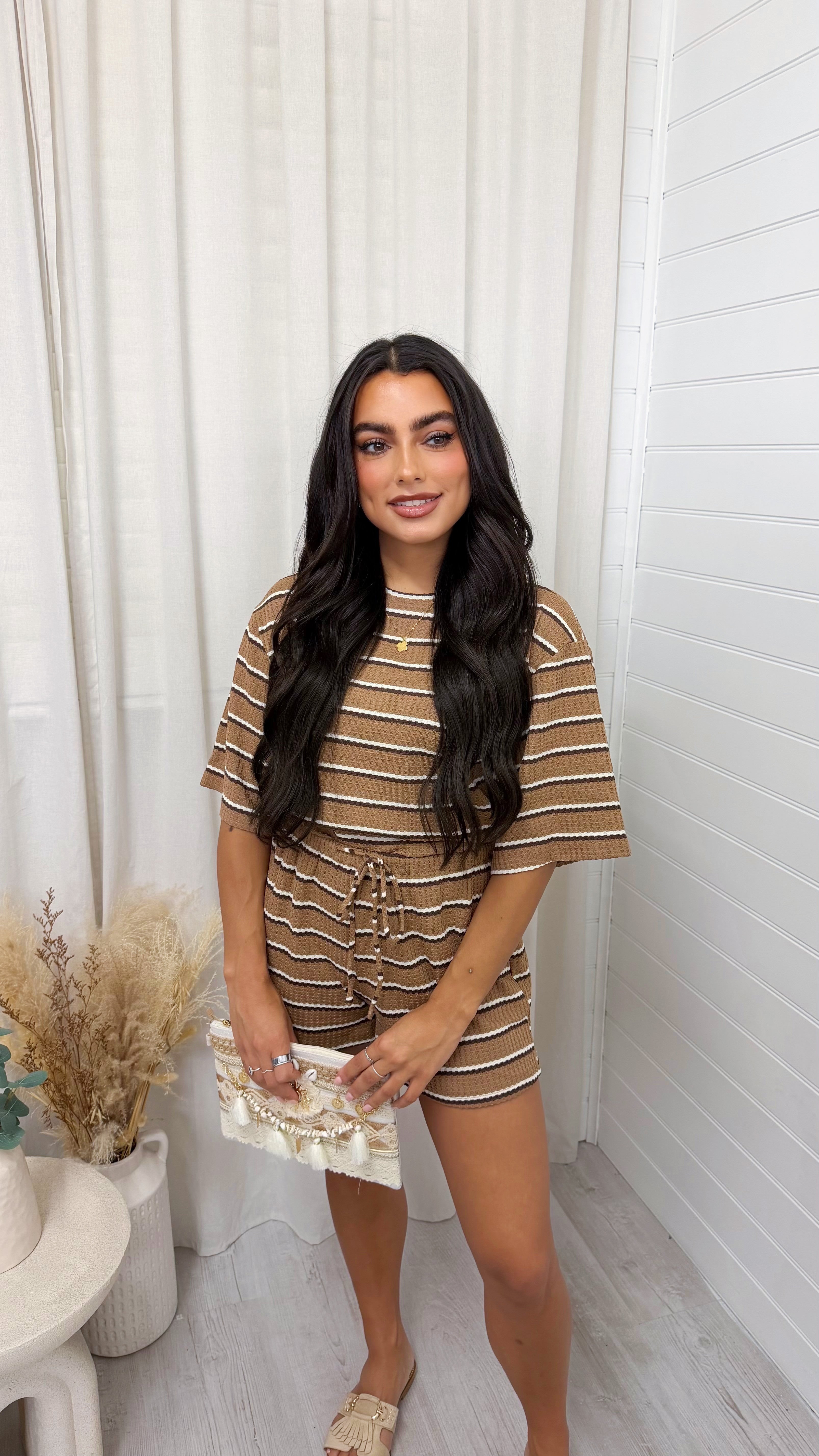 Waffle Stripe Crop Top and Shorts Co-Ord - TAN