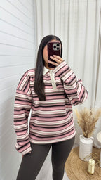 Stripey Fleece Rugby Sweatshirt - PINK/BROWN