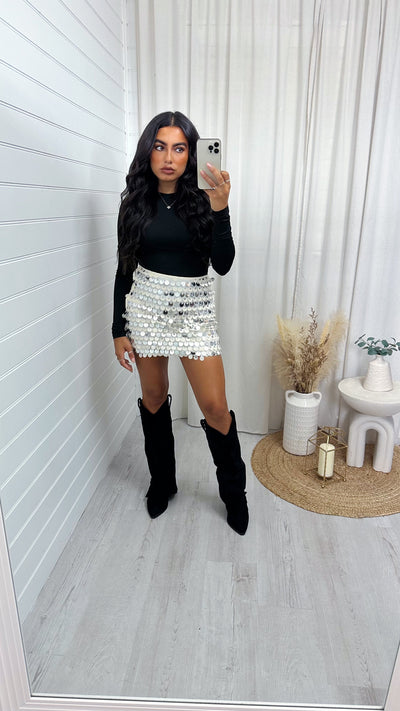 Sequin Disc Mini Skirt - WHITE GOLD