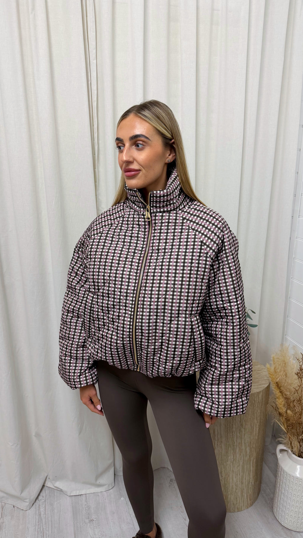 Quilted Gingham Bomber Jacket - PINK