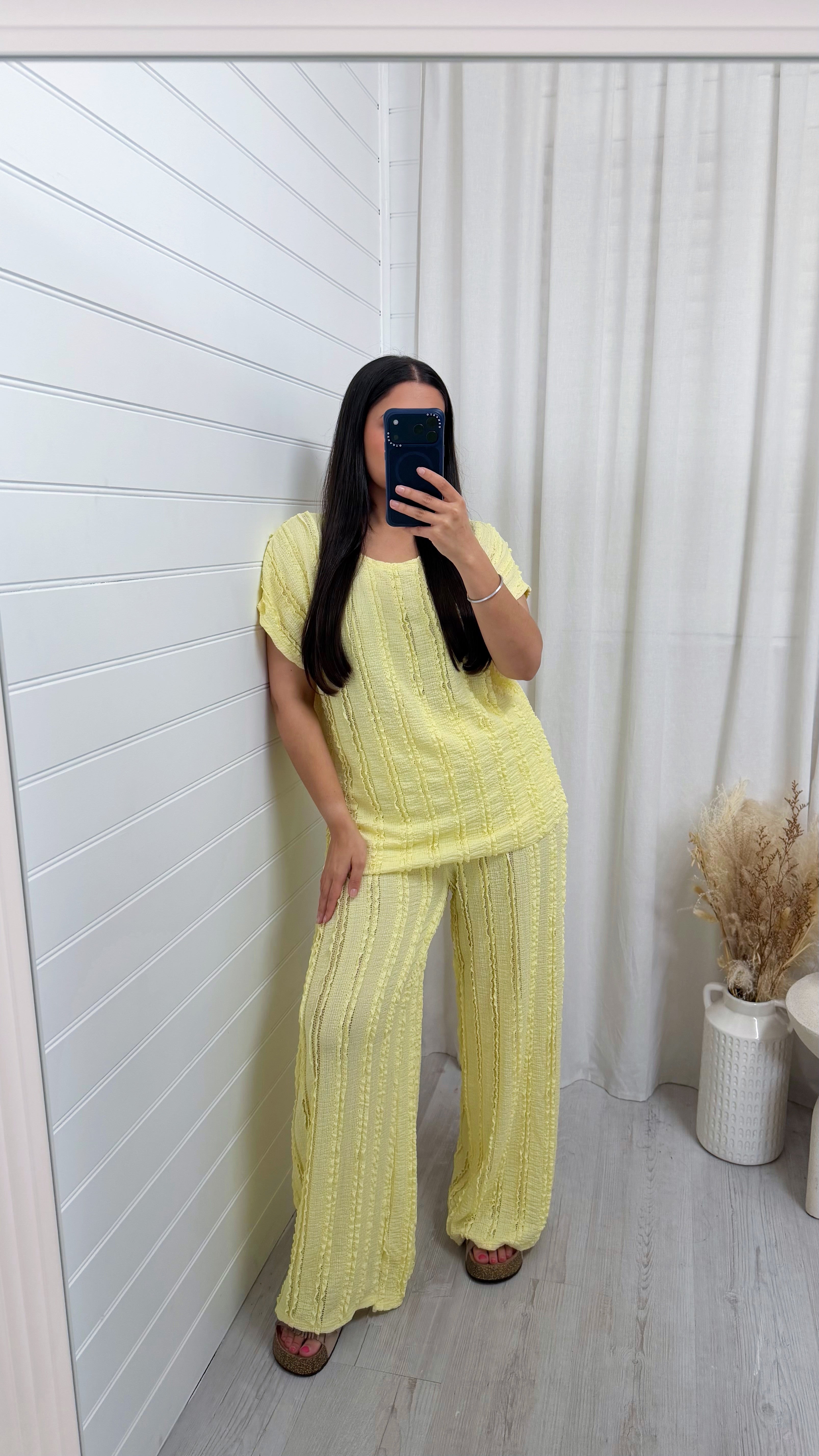 Frill Tiered T-Shirt and Wide Leg Trousers Co-Ord - LEMON