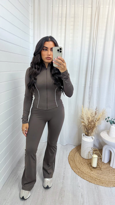 Contrast Seam Body Sculpt Jacket and Flares Co-Ord - BROWN