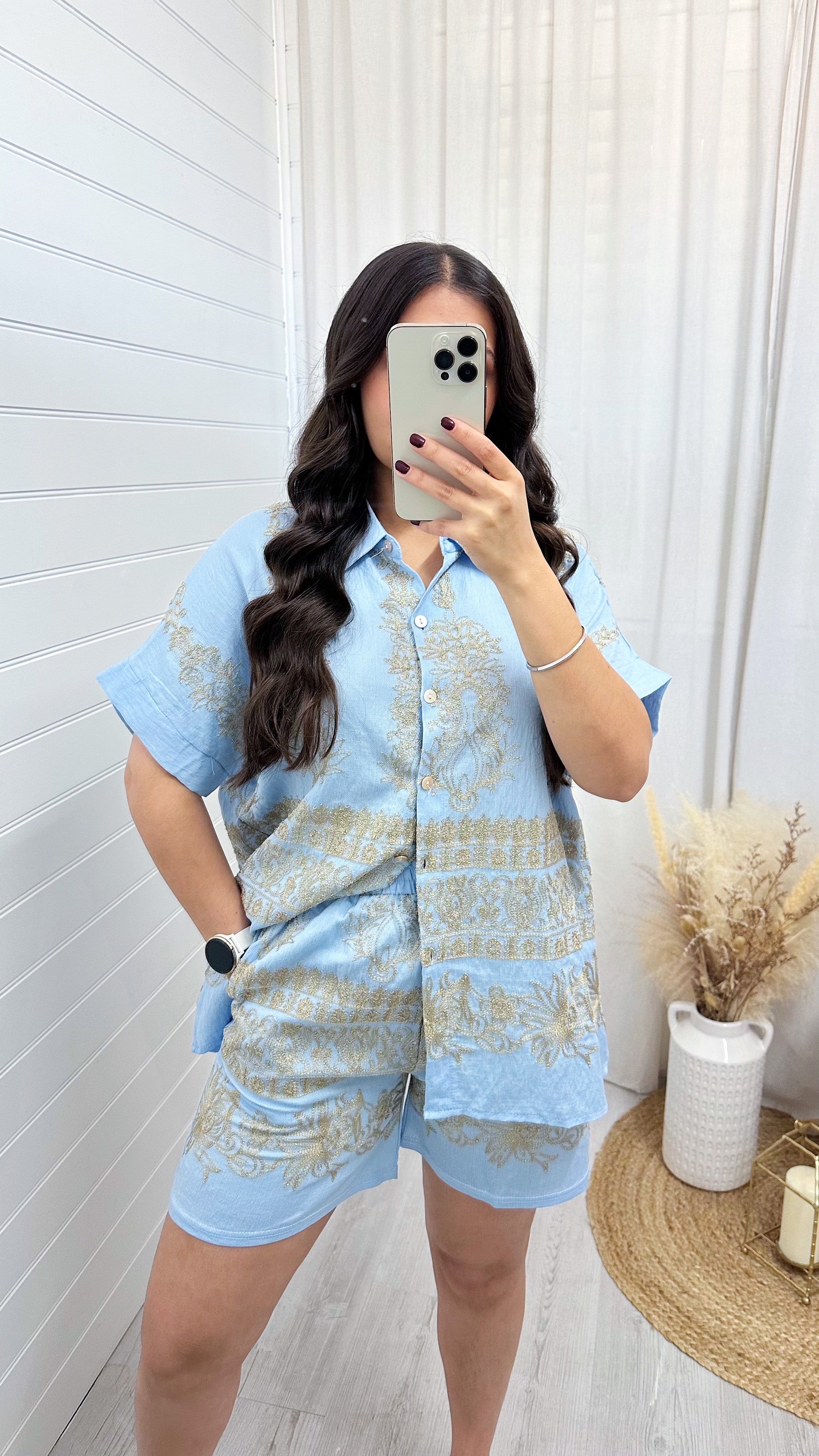Gold Sparkle Embroidered Shirt and Shorts Co-Ord - BLUE