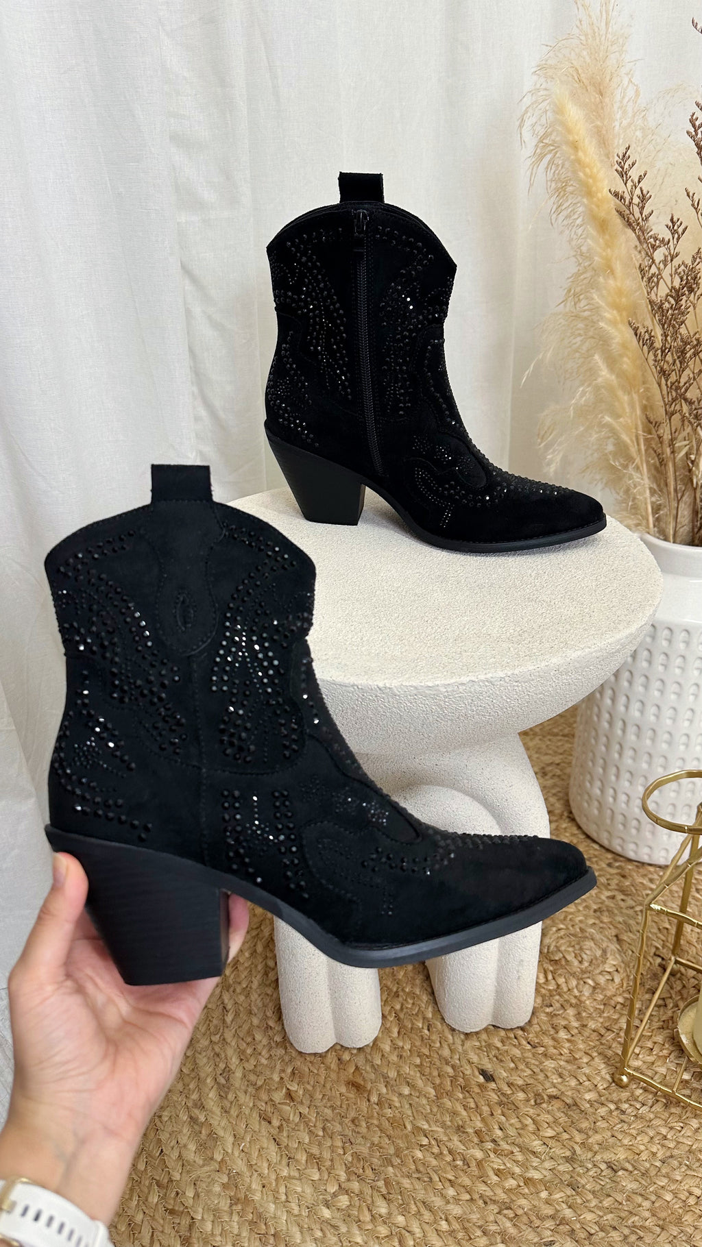 Rhinestone Cowboy Ankle Boots - BLACK