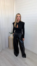 Wide Leg Faux Leather Joggers - BLACK