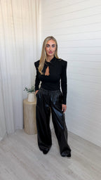 Wide Leg Faux Leather Joggers - BLACK