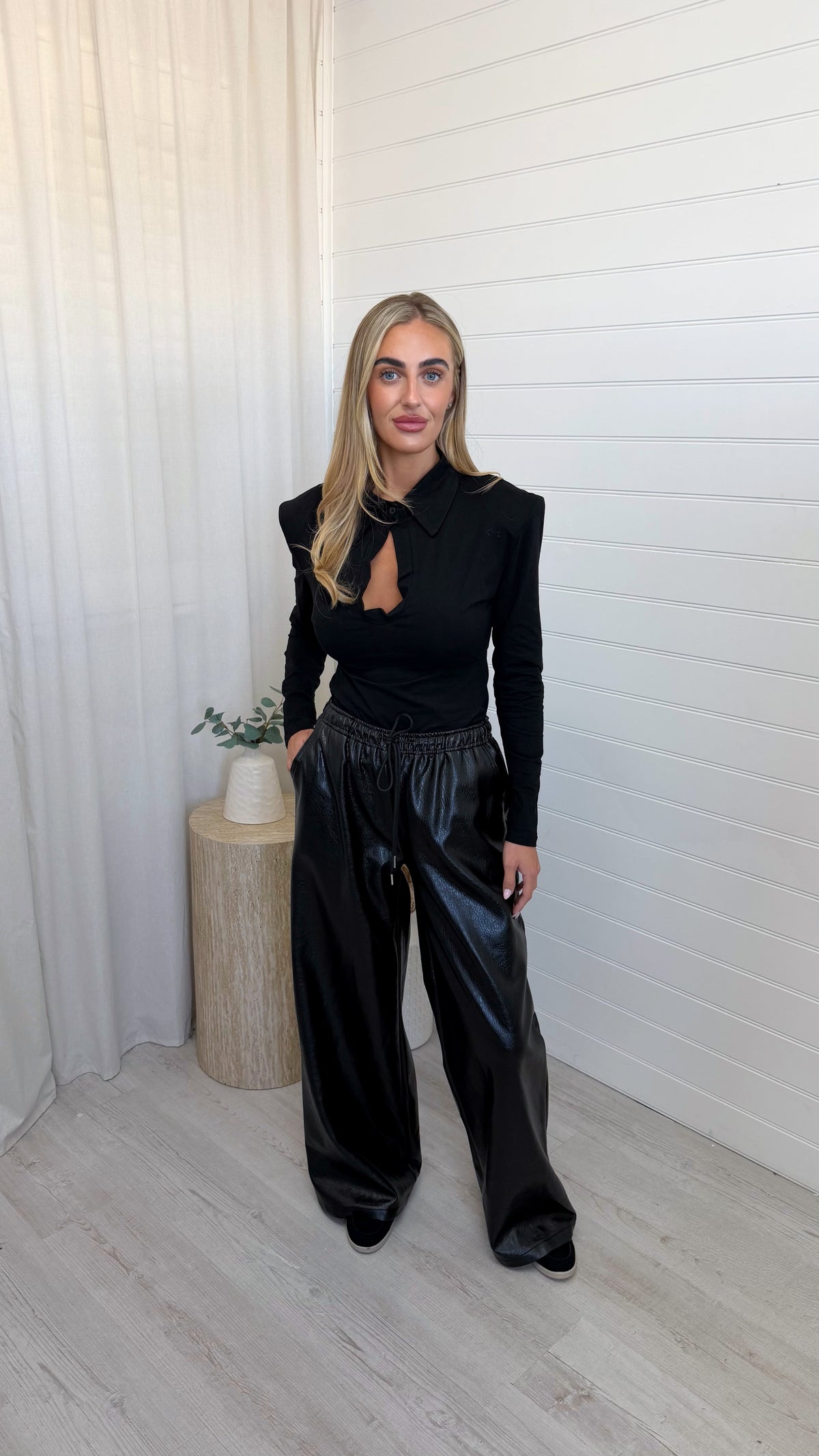 Wide Leg Faux Leather Joggers - BLACK
