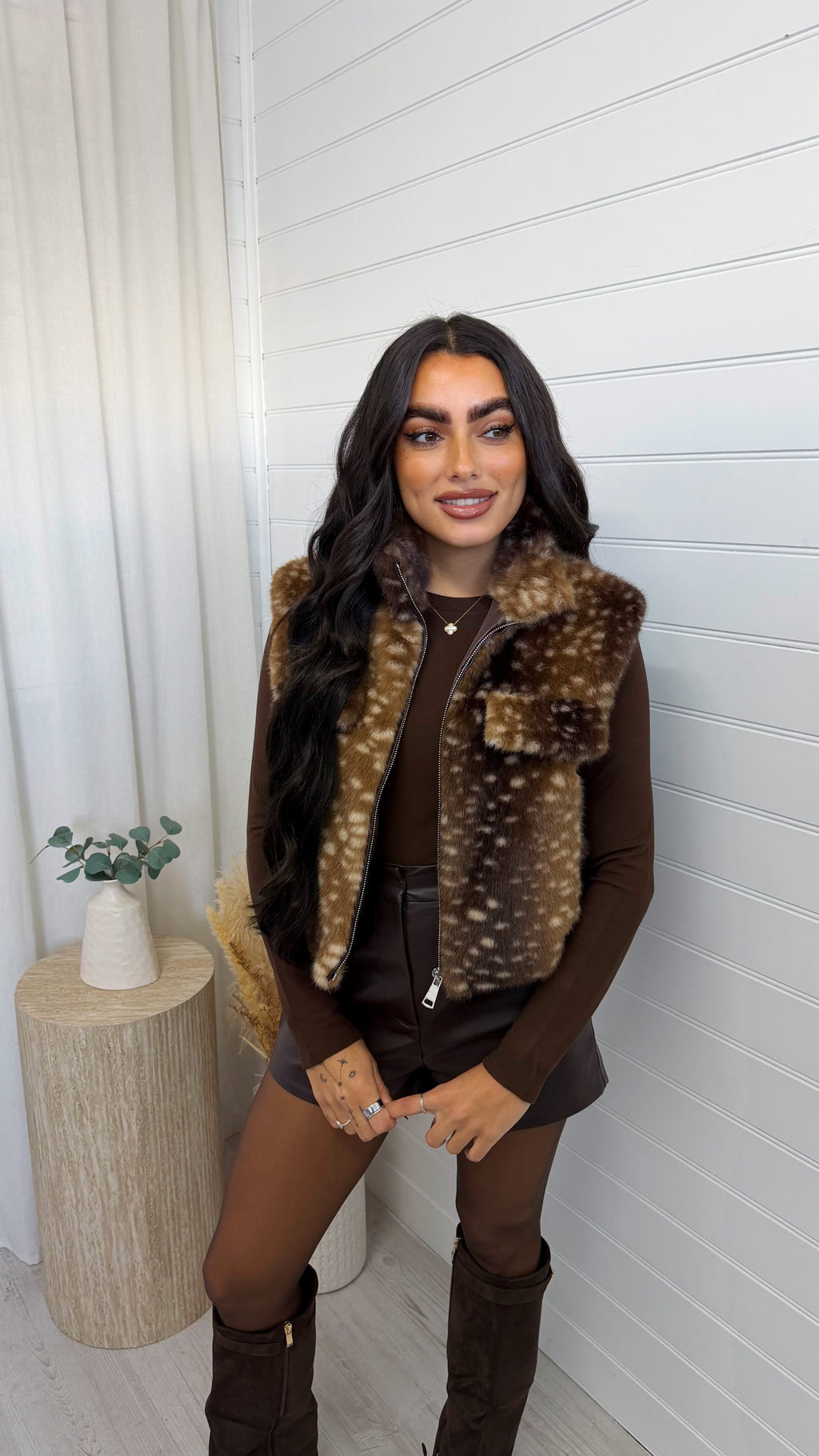 Cropped Faux Fur Deer Print Gilet - DARK BEIGE