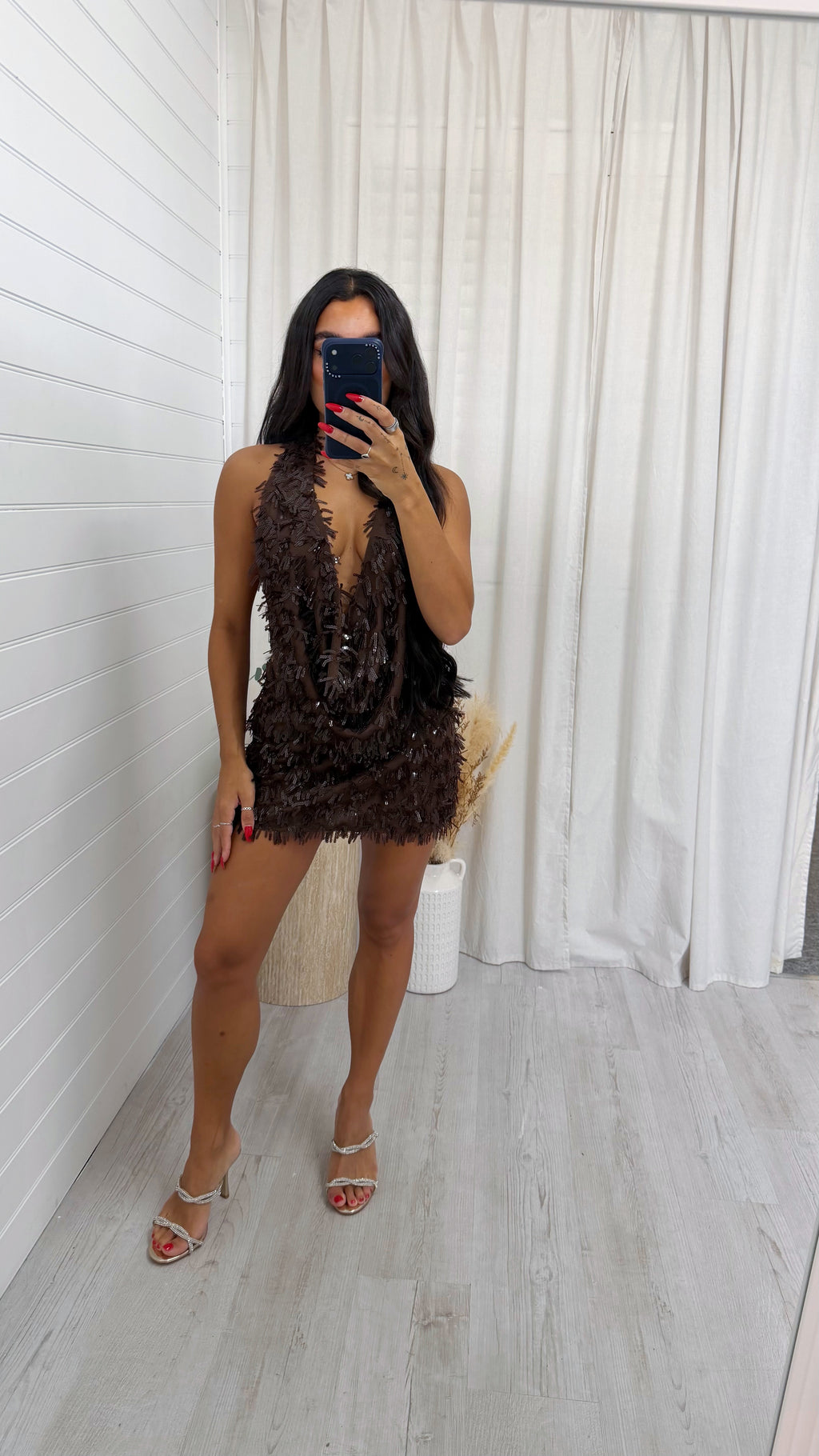 Cowl Neck Sequin Top and Skirt Set - BROWN
