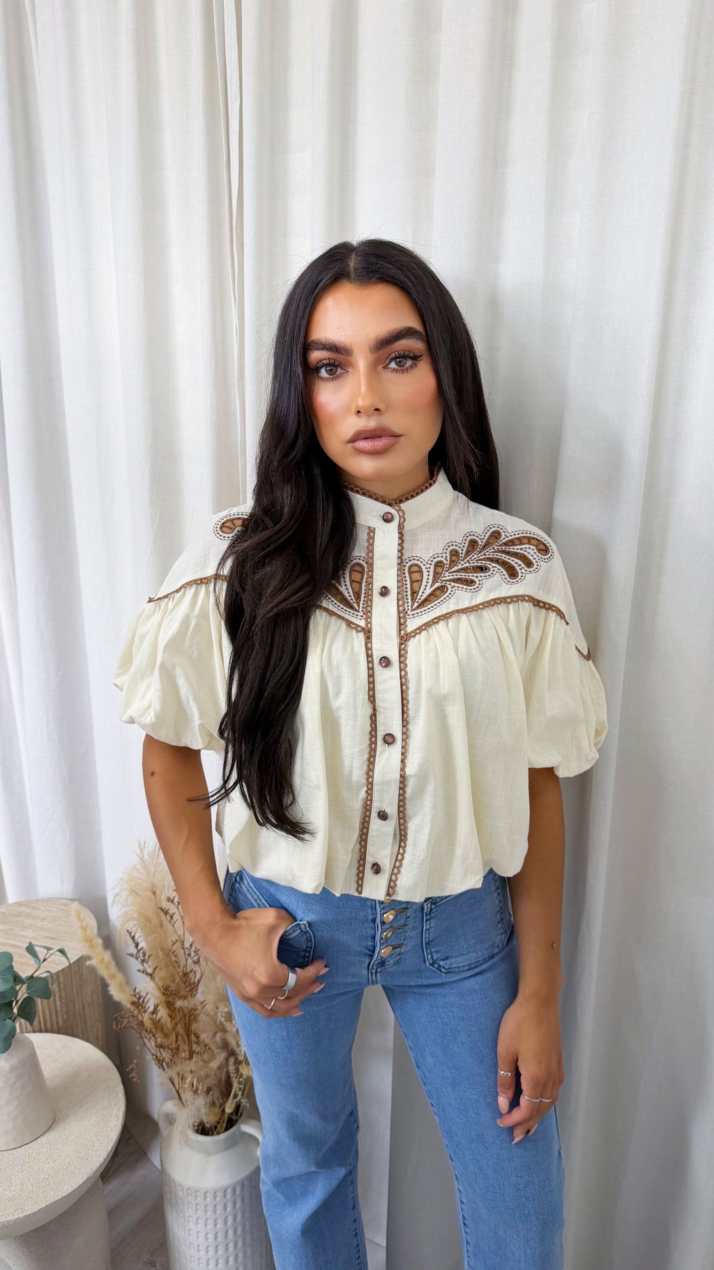 Paisley Embroidered Puff Sleeve Crop Blouse - BEIGE