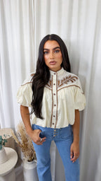 Paisley Embroidered Puff Sleeve Crop Blouse - BEIGE