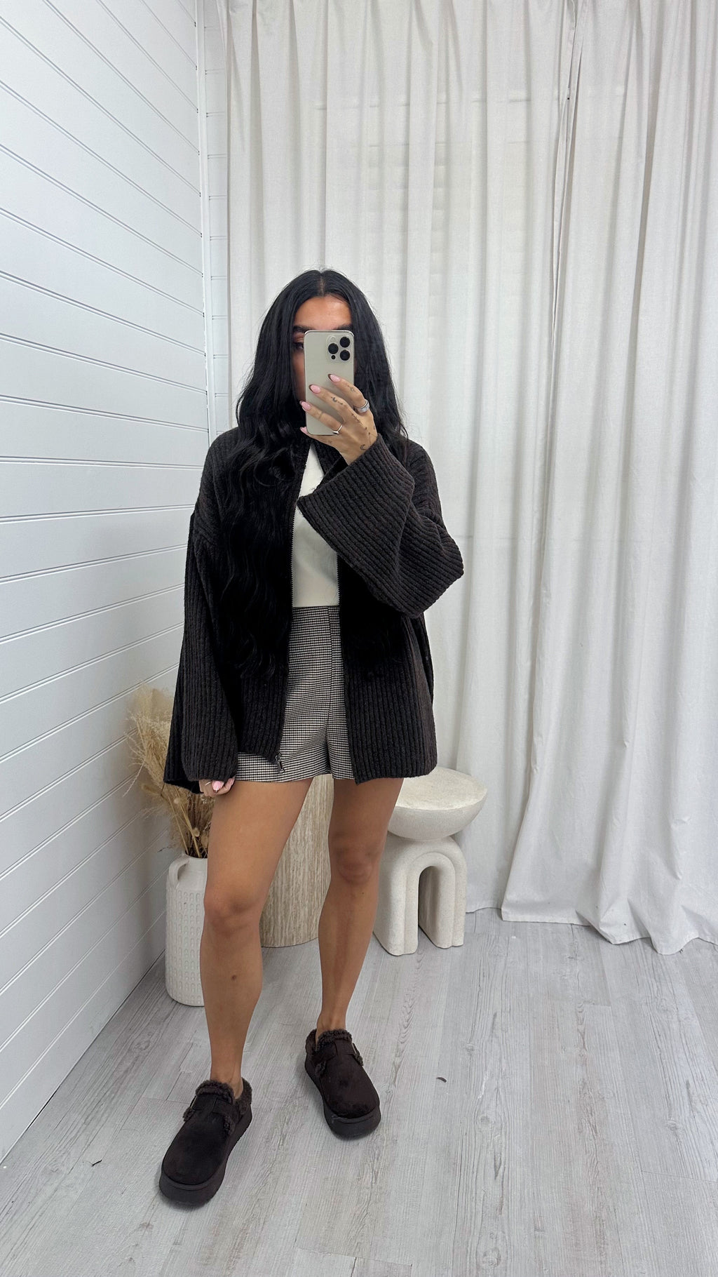 Chunky Rib Woollen Jacket - BROWN