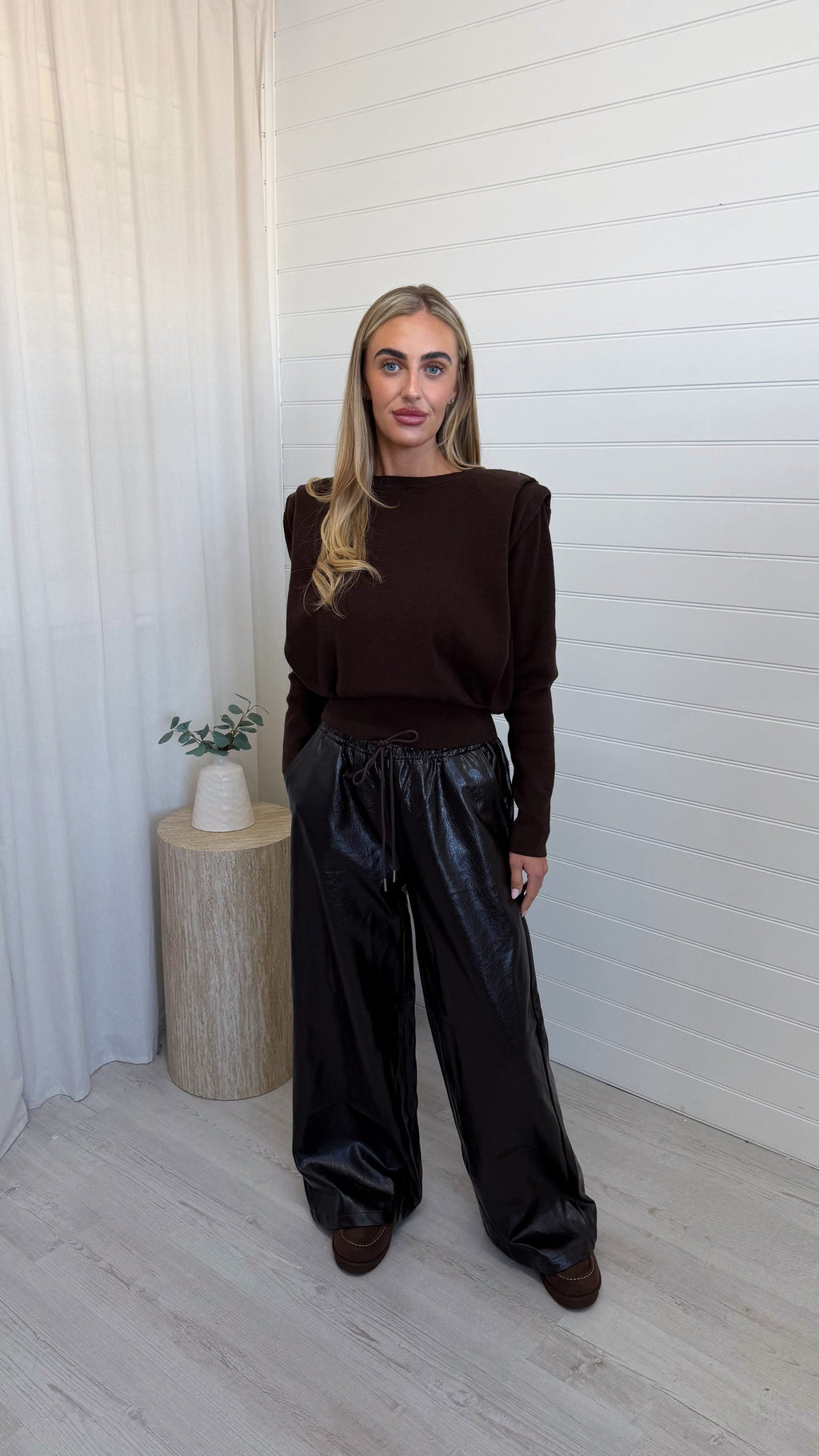 Wide Leg Faux Leather Joggers - BROWN