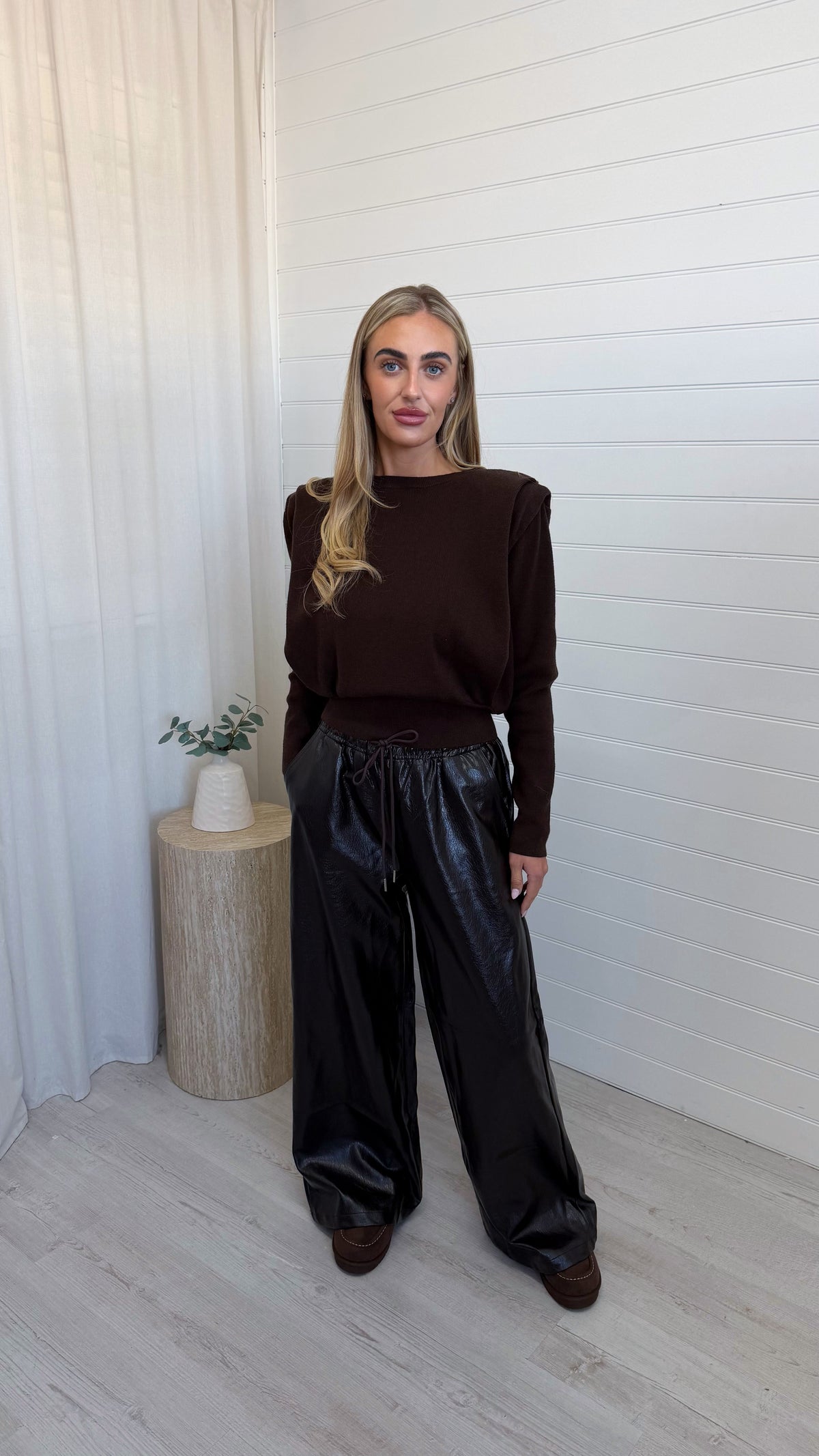 Wide Leg Faux Leather Joggers - BROWN