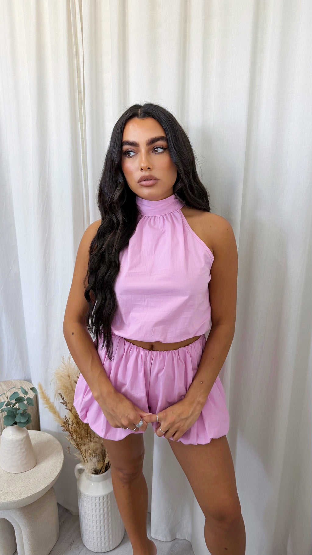 Puff Ball Halter Neck Top and Shorts Co-Ord - PINK