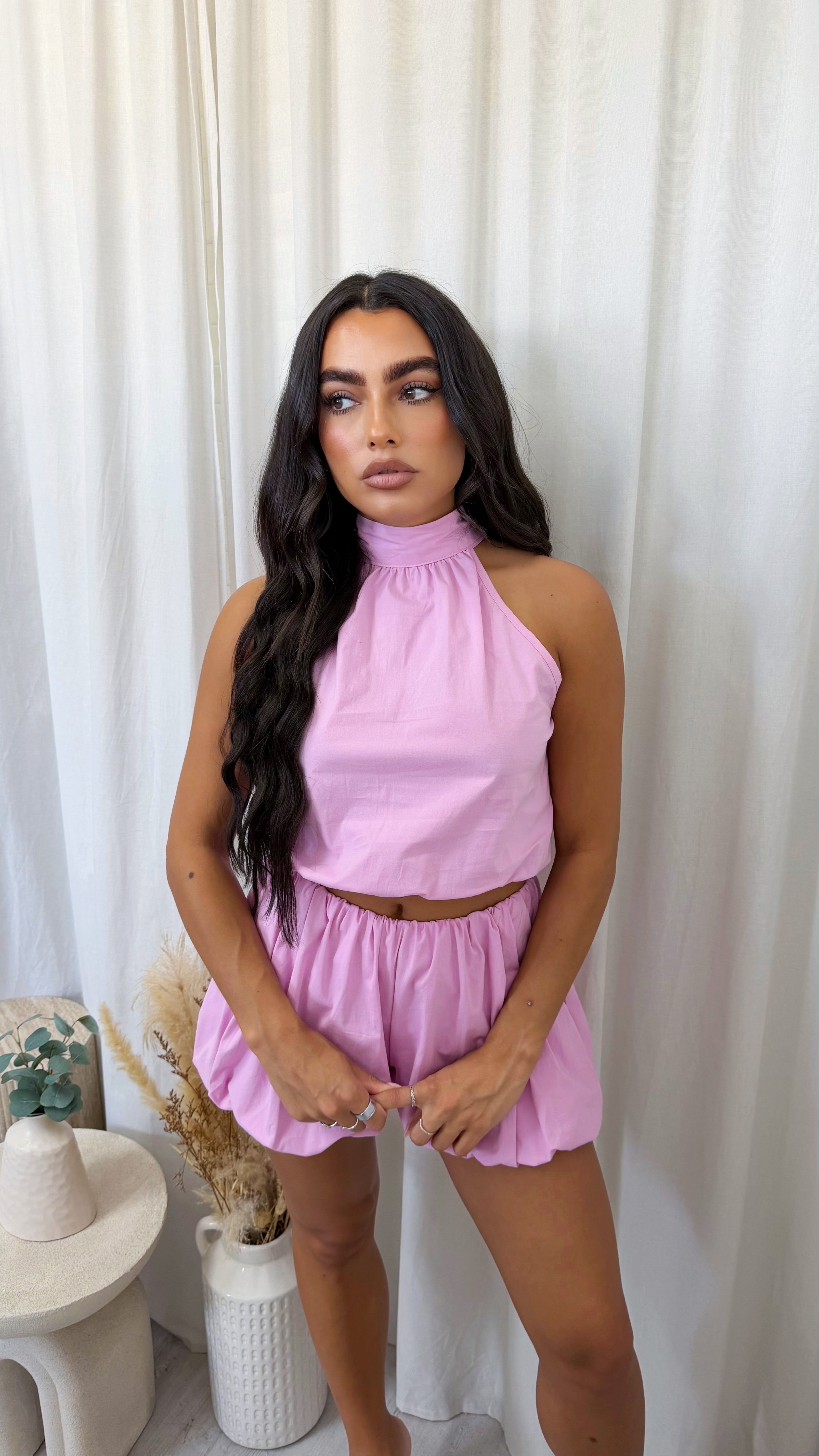 Puff Ball Halter Neck Top and Shorts Co-Ord - PINK