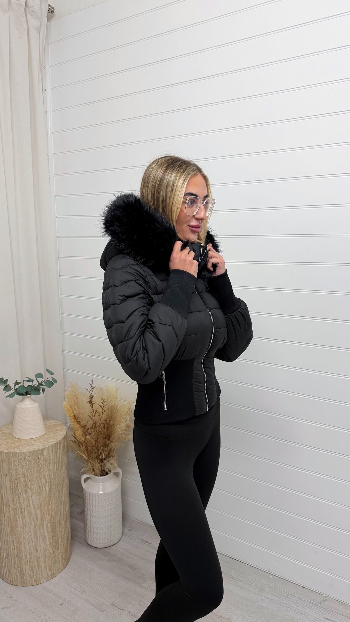 Fur Hooded Cinched Coat - BLACK