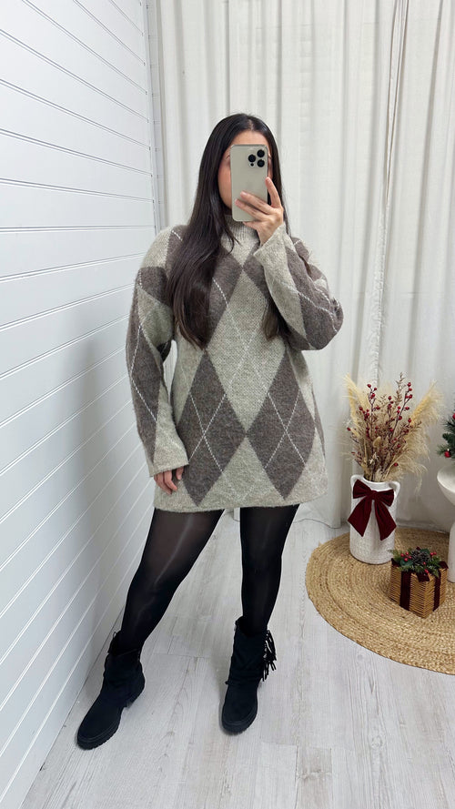 Argyle Woollen Jumper Dress - MOCHA/BEIGE