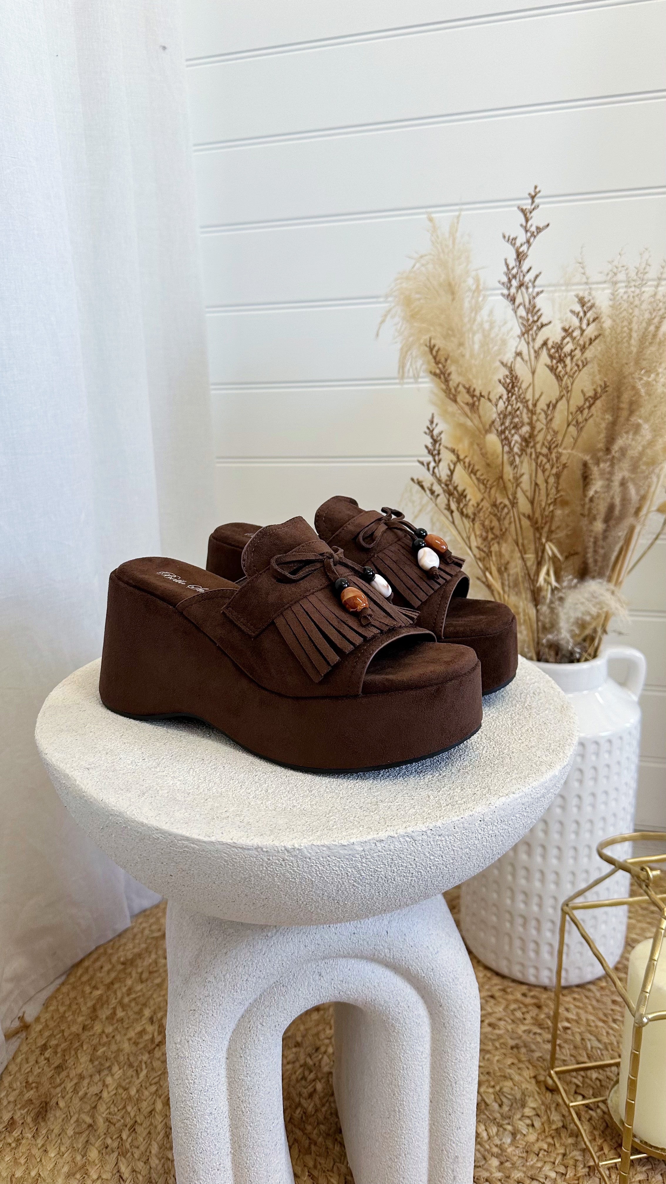 Chunky Platform Tassel Wedges - BROWN