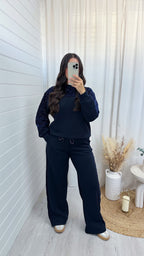 Sequin Sleeve Sweatshirt and Joggers Tracksuit - NAVY