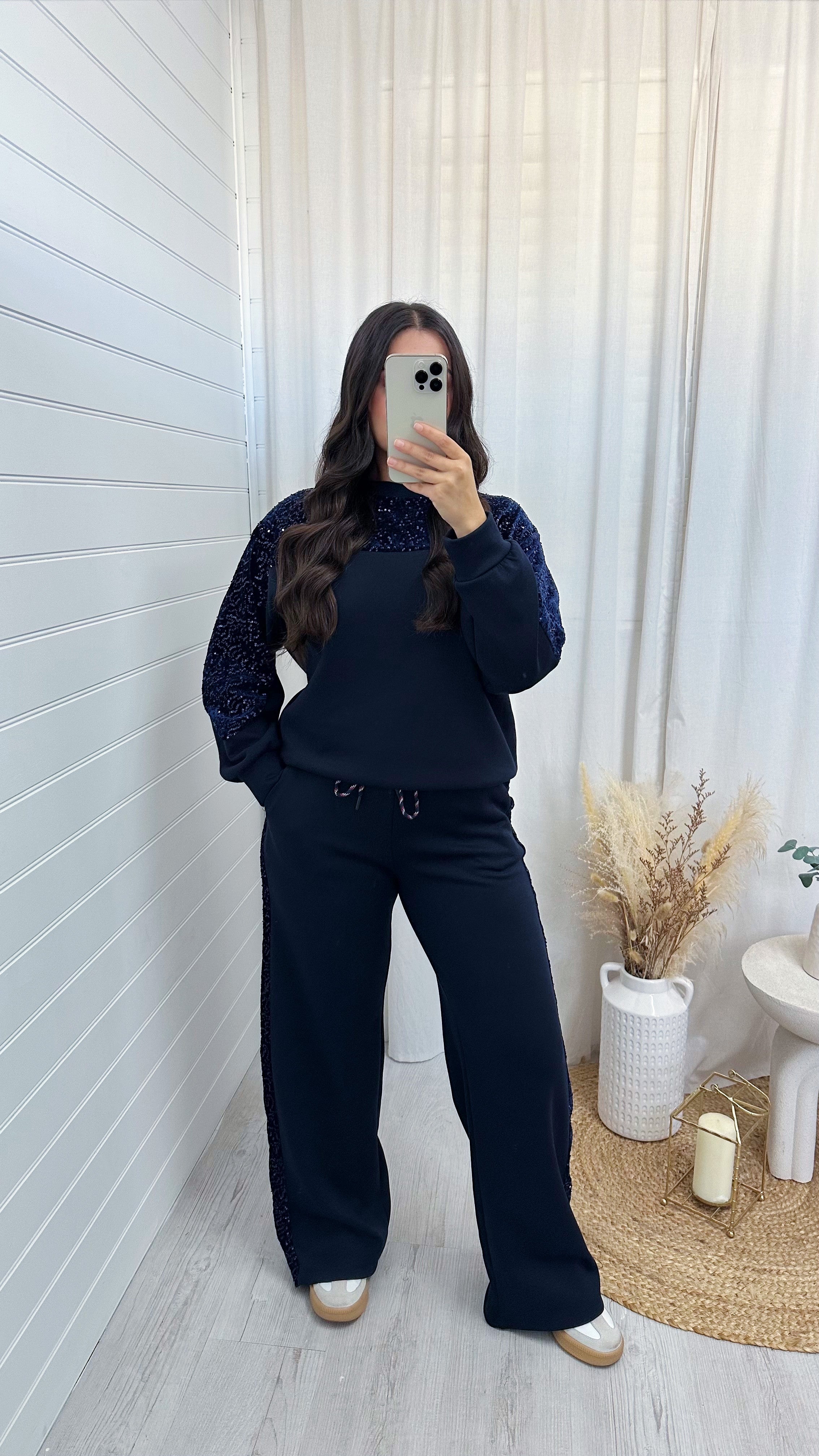 Sequin Sleeve Sweatshirt and Joggers Tracksuit - NAVY