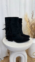 Tassel Trim Suede Cowboy Boots - BLACK