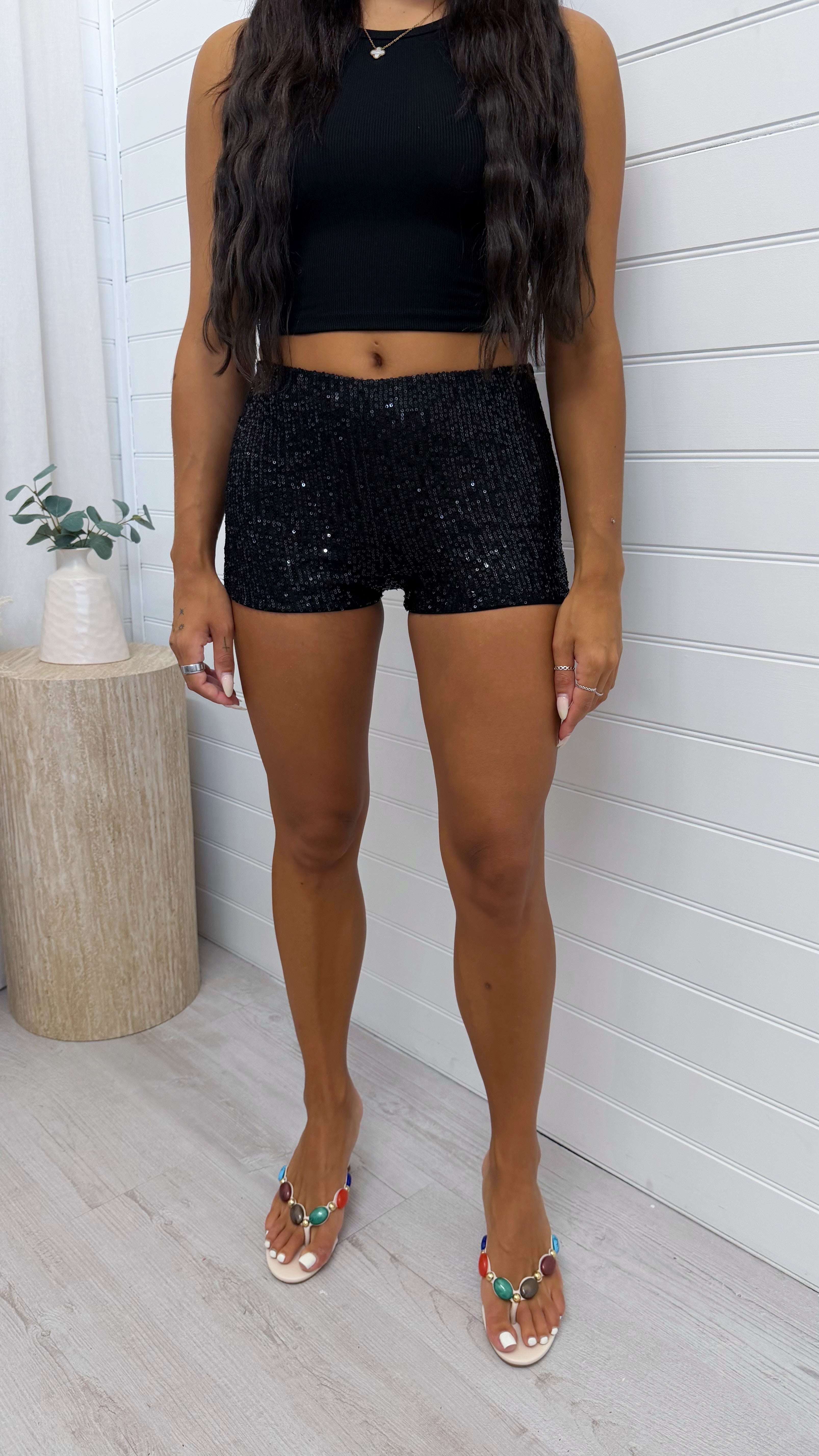 Sequin Stretchy Mini Shorts - BLACK