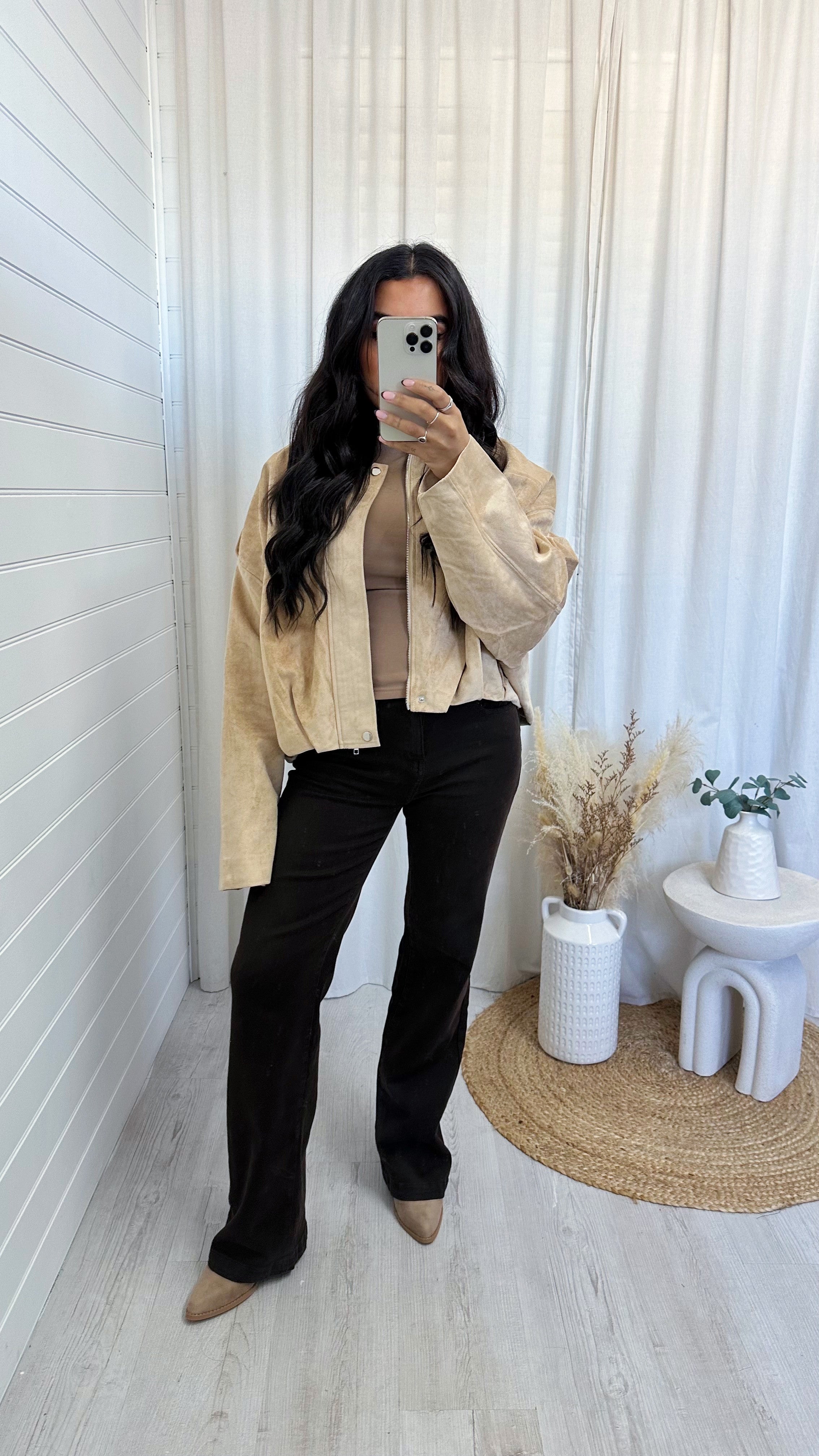 Suede Baggy Sleeve Lapel Bomber Jacket - BEIGE