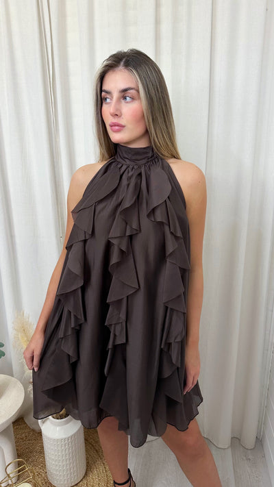 Halter Neck A Line Frill Chiffon Dress - BROWN
