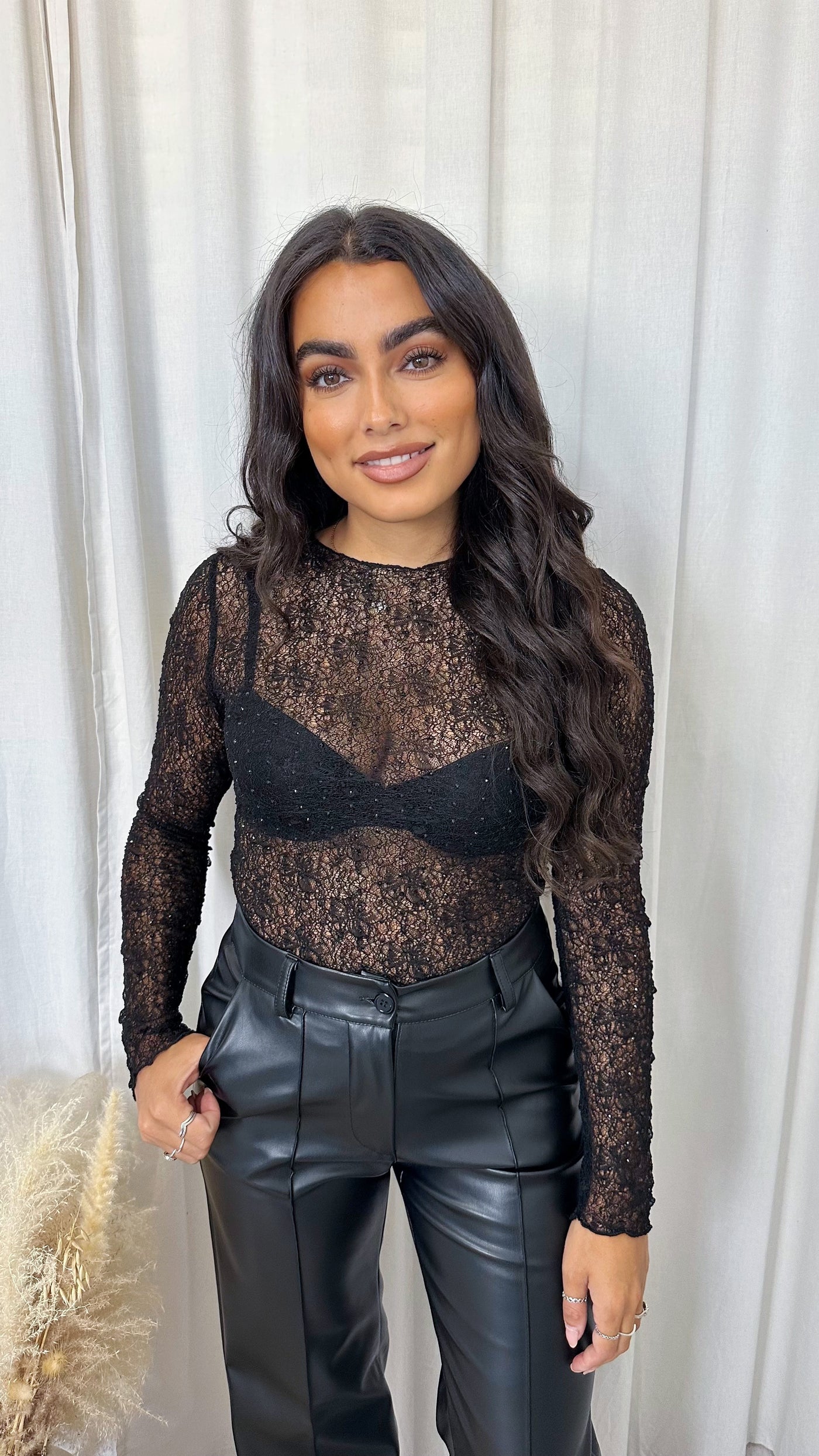 Rhinestone Lace Long Sleeve Top - BLACK