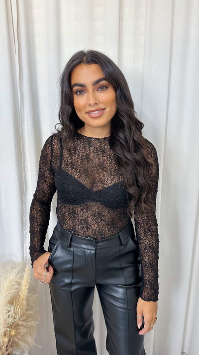 Rhinestone Lace Long Sleeve Top - BLACK