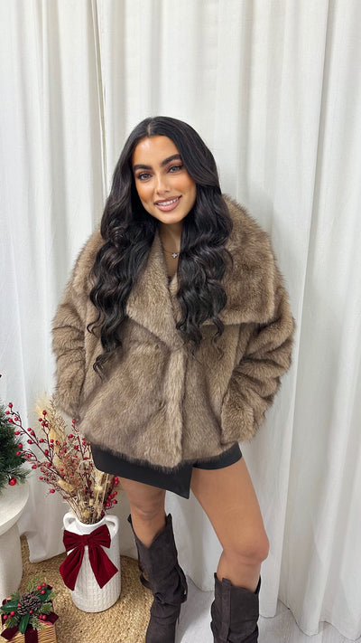 Oversized Lapel Faux Fur Coat - CARAMEL