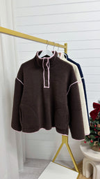 Borg Contrast Seam Sweatshirt - BROWN/PINK