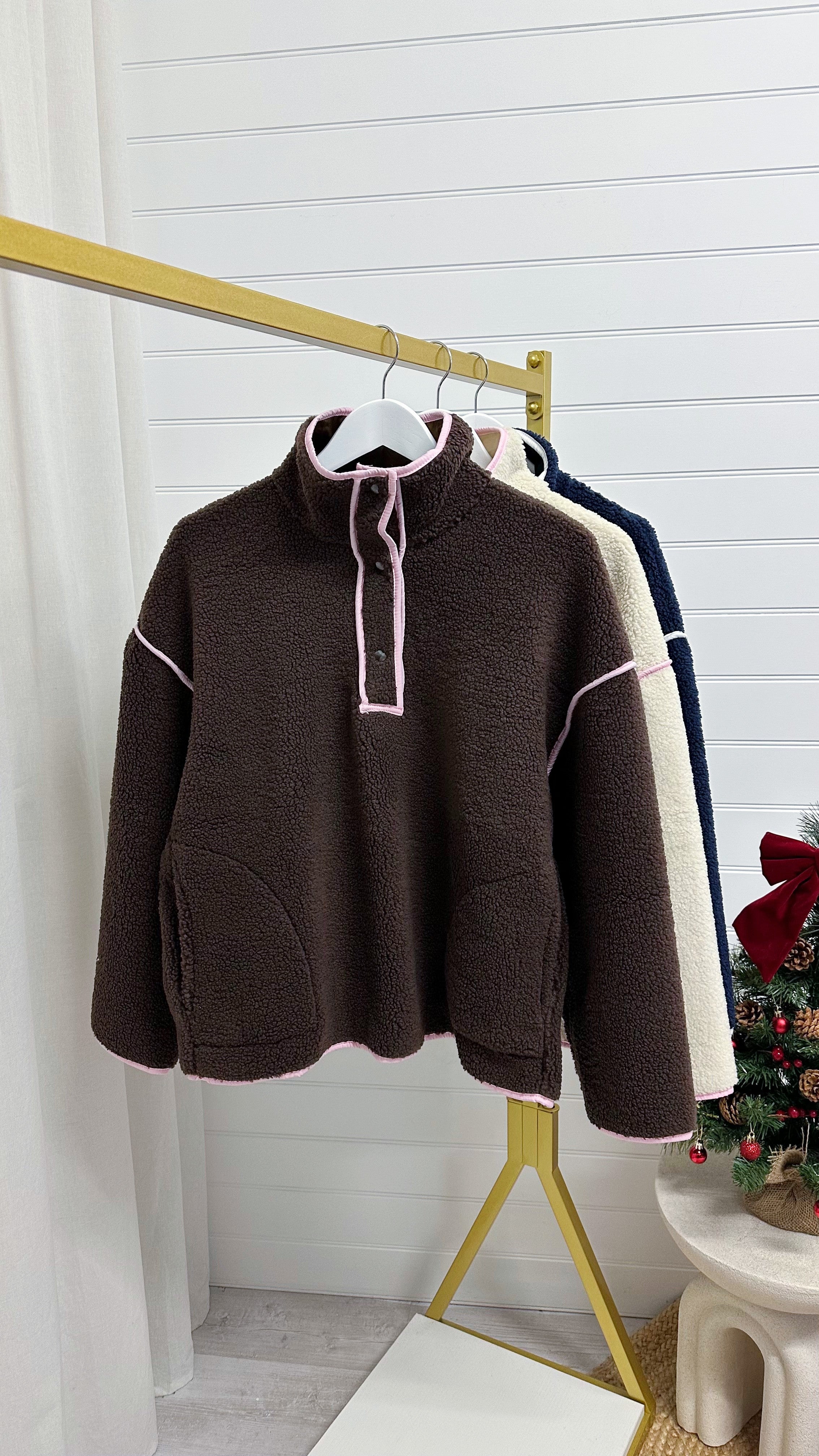 Borg Contrast Seam Sweatshirt - BROWN/PINK