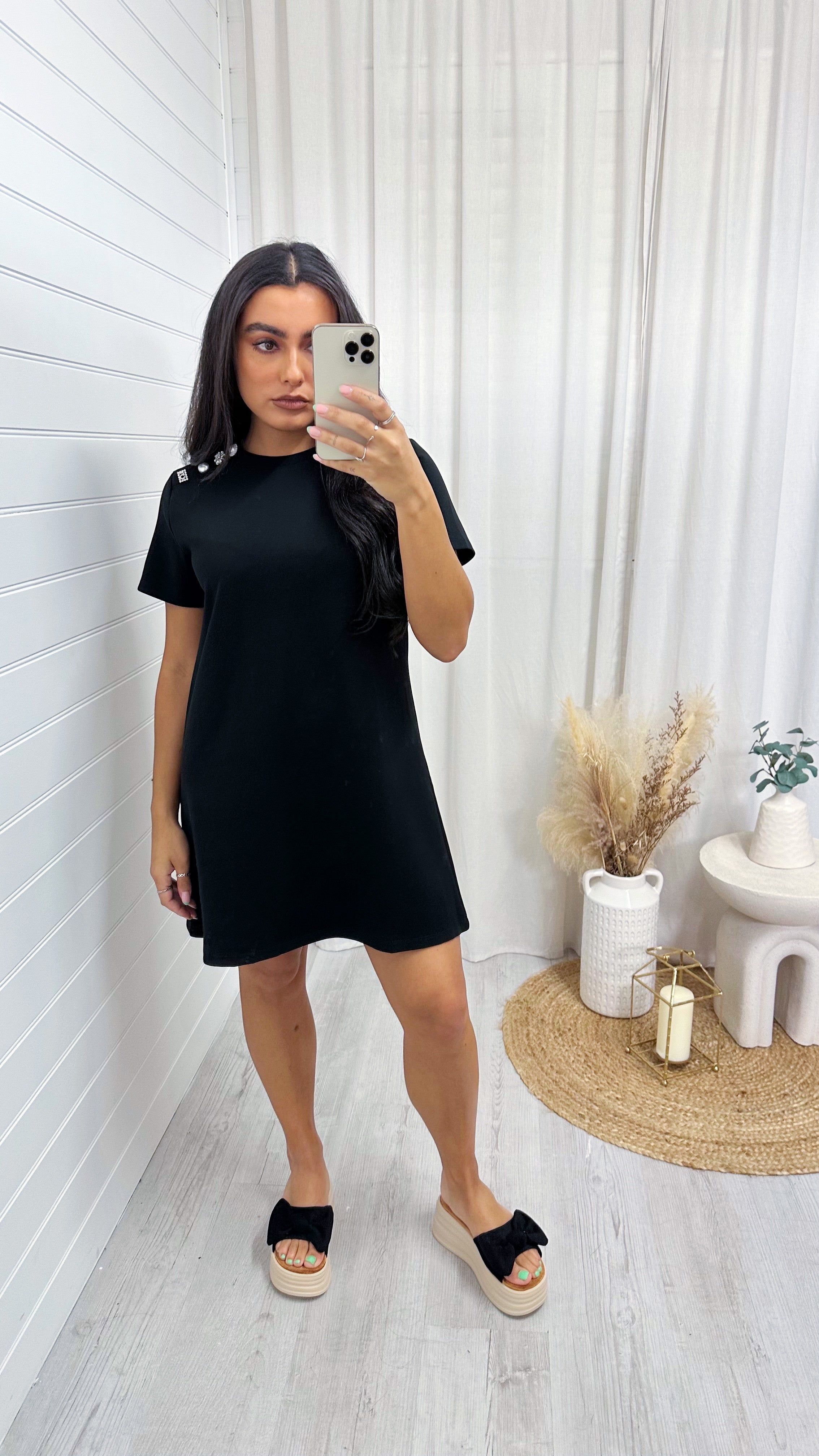 Diamante Button T-Shirt Dress - BLACK