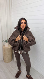 Balloon Sleeve Puffer Jacket - BROWN