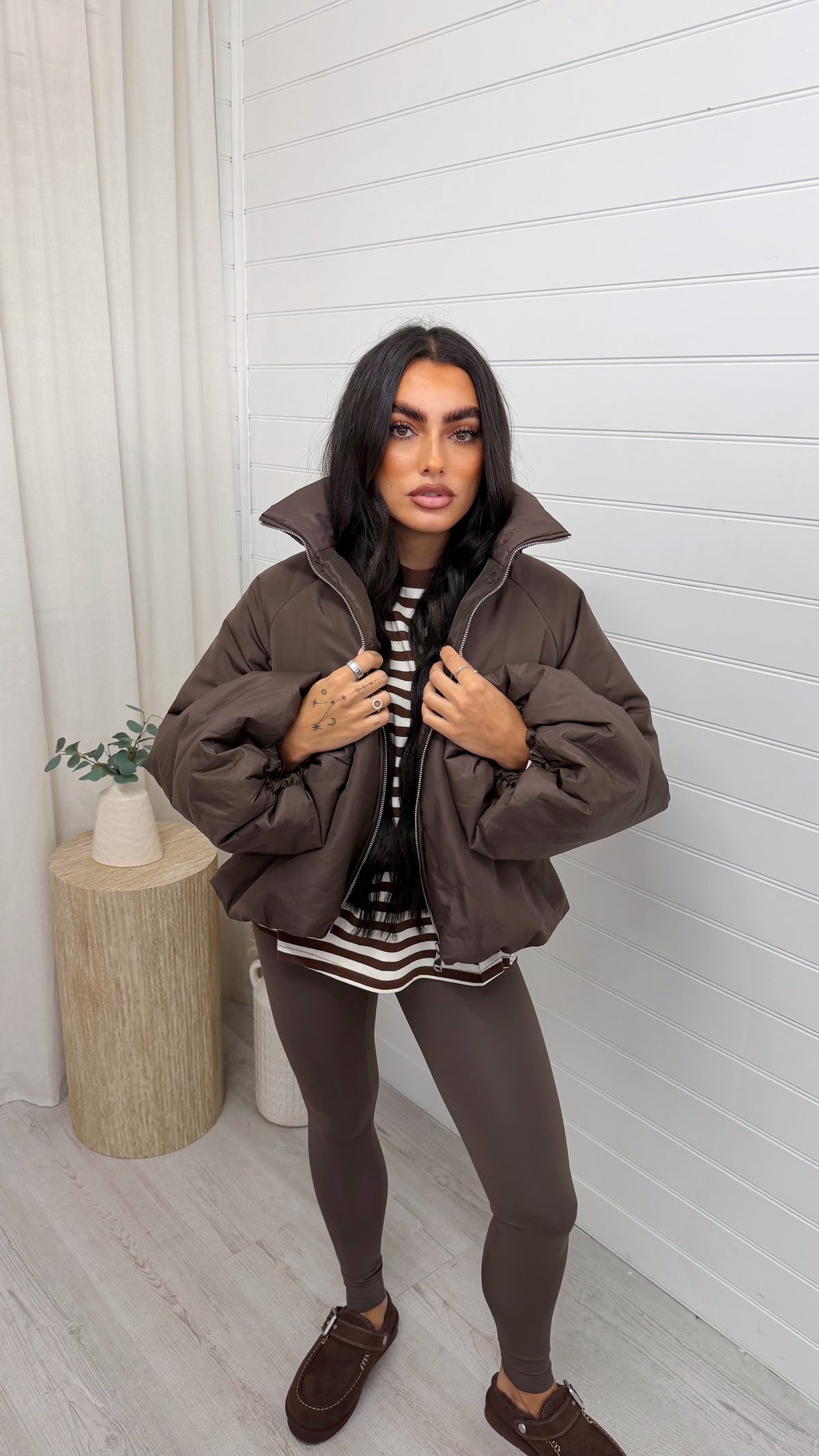 Balloon Sleeve Puffer Jacket - BROWN