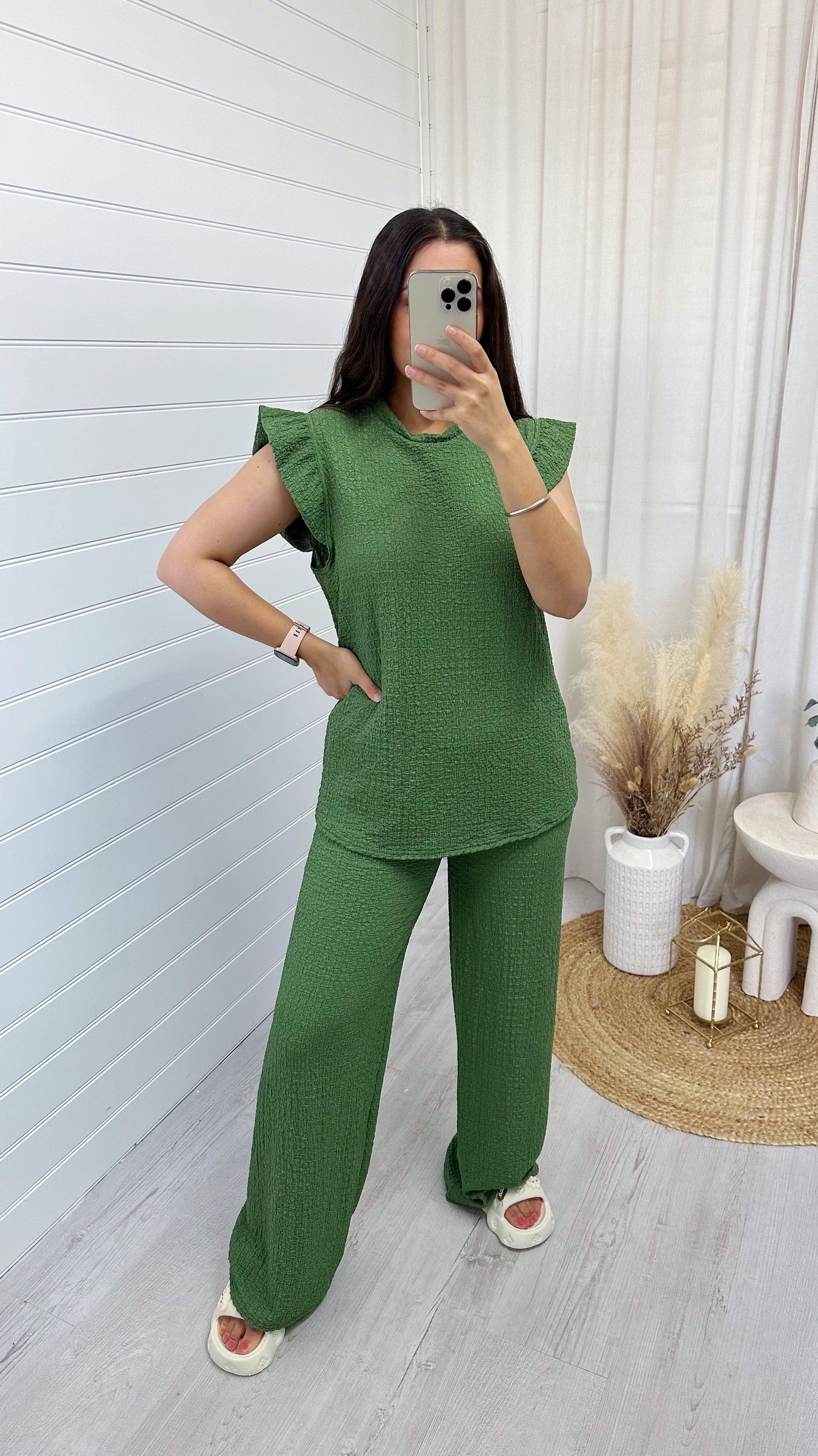 Cheesecloth Frill Shoulder Top and Trousers Co-Ord - OLIVE GREEN