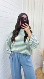Baggy Stripe Long Sleeve T-Shirt - BABY BLUE/LEMON
