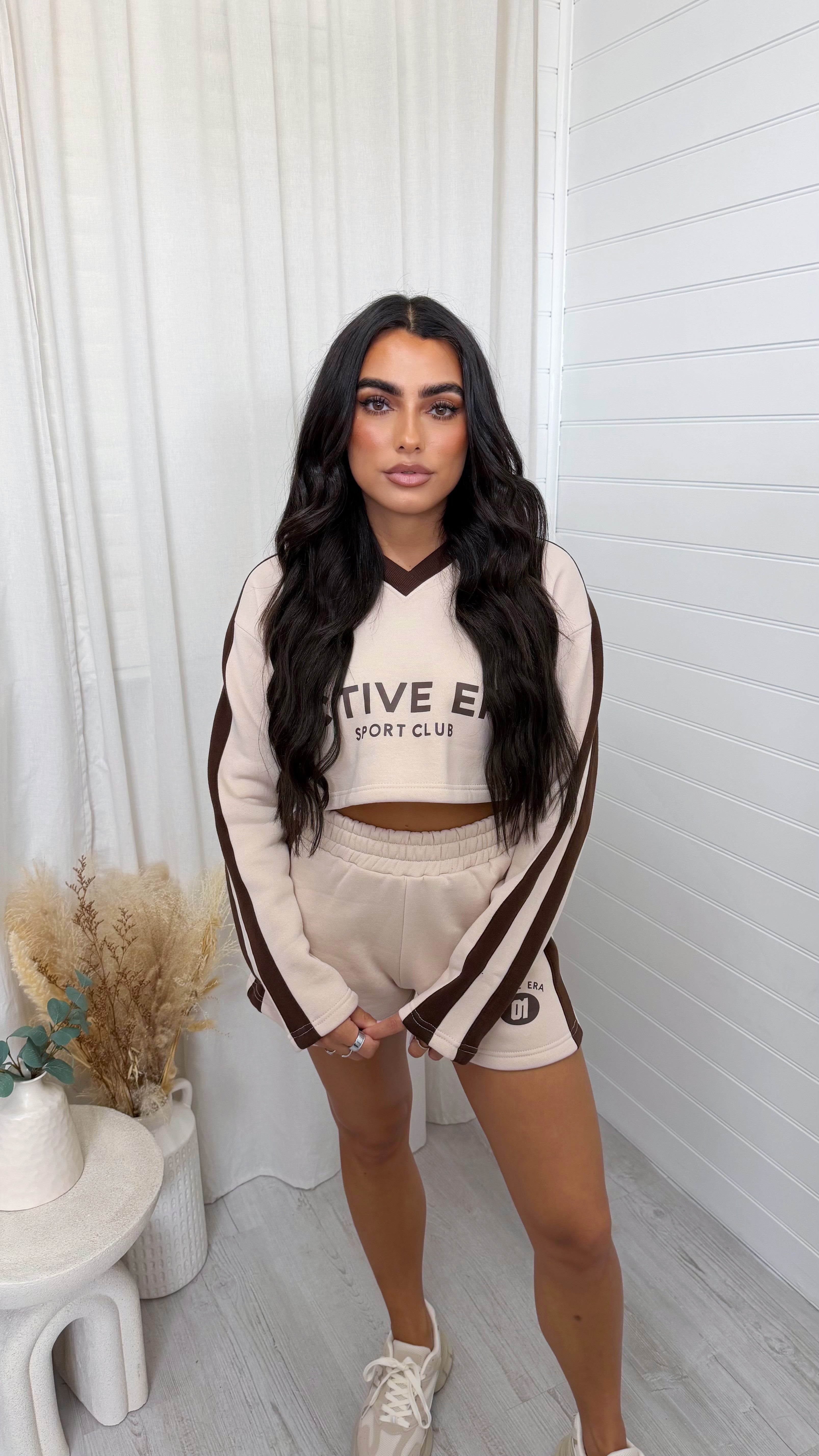 Racer Graphic Crop Sweatshirt and Shorts Co-Ord - BEIGE