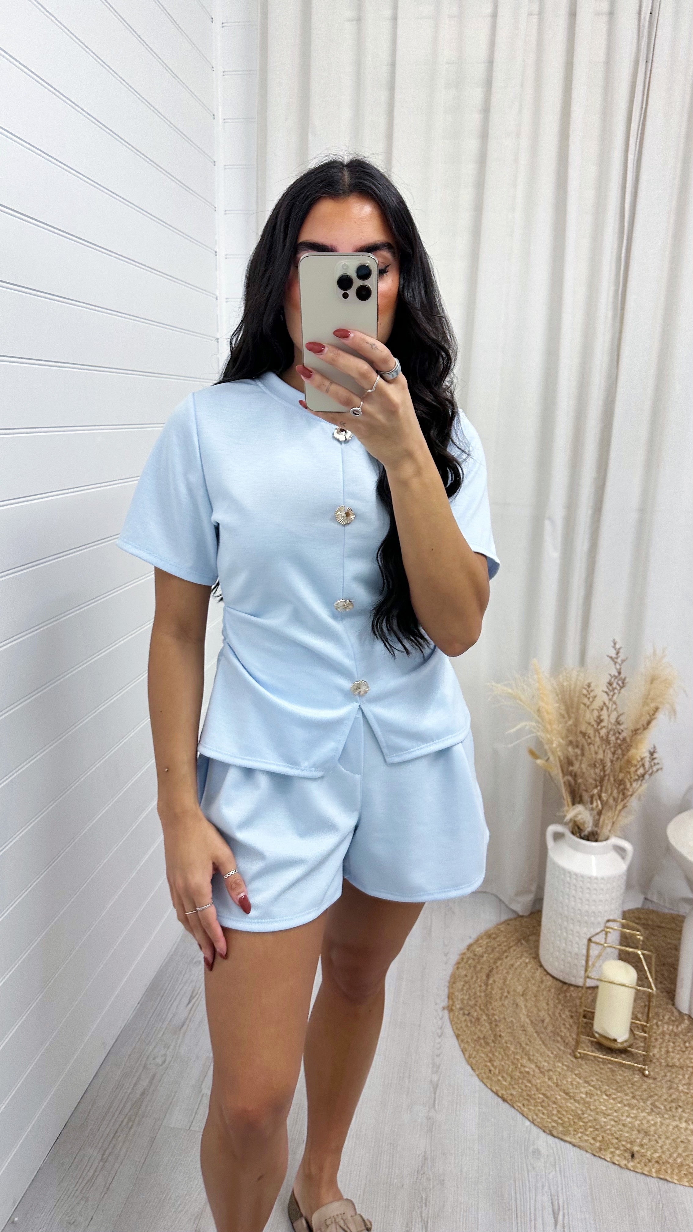Cinched Gold Button Top and Shorts Co-Ord - BABY BLUE