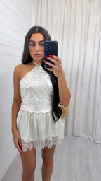 Halter Neck Backless Sequin Top - CREAM