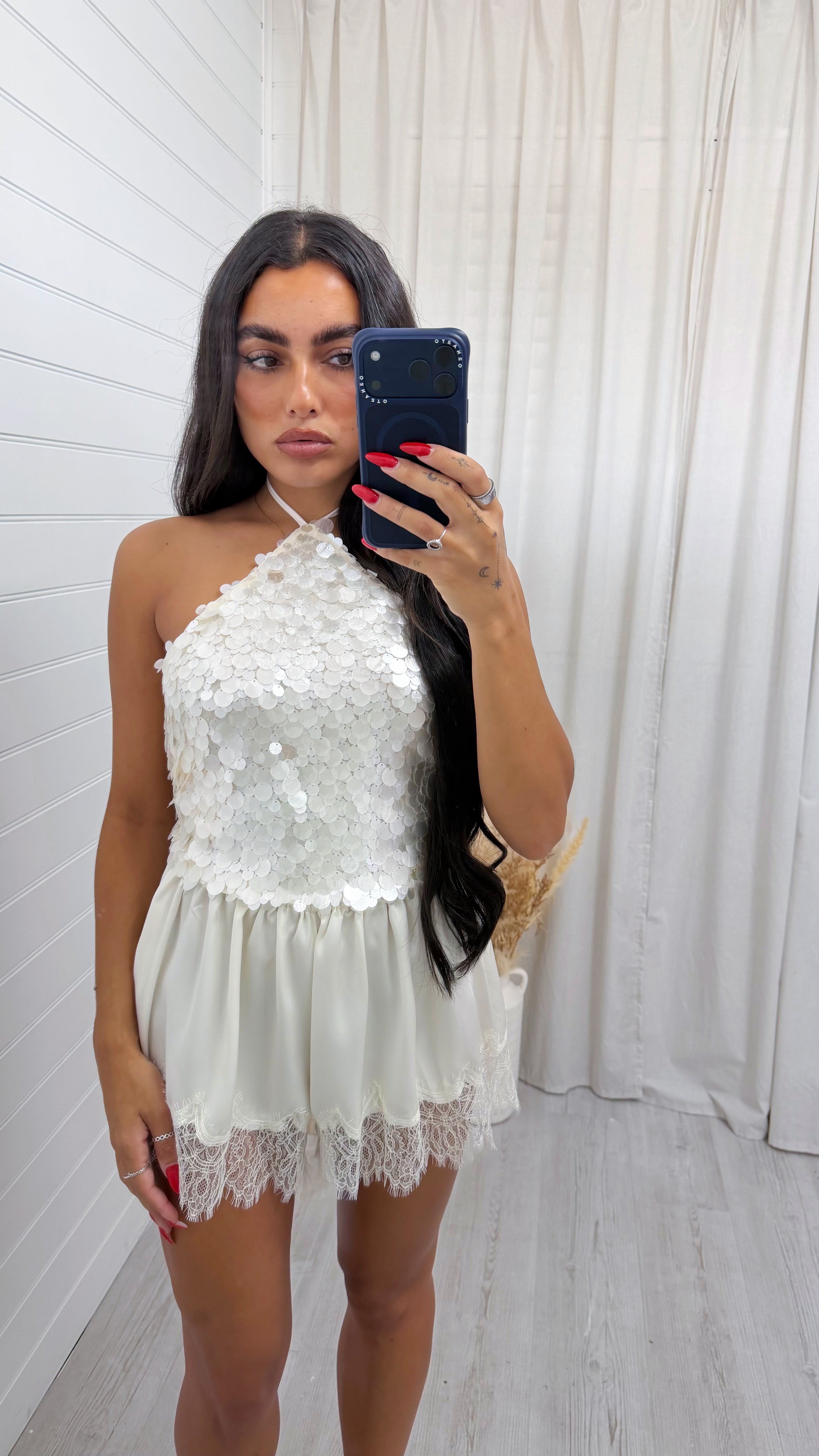 Halter Neck Backless Sequin Top - CREAM