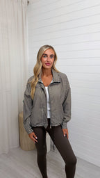 Gingham Toggle Bottom Bomber Jacket - BROWN