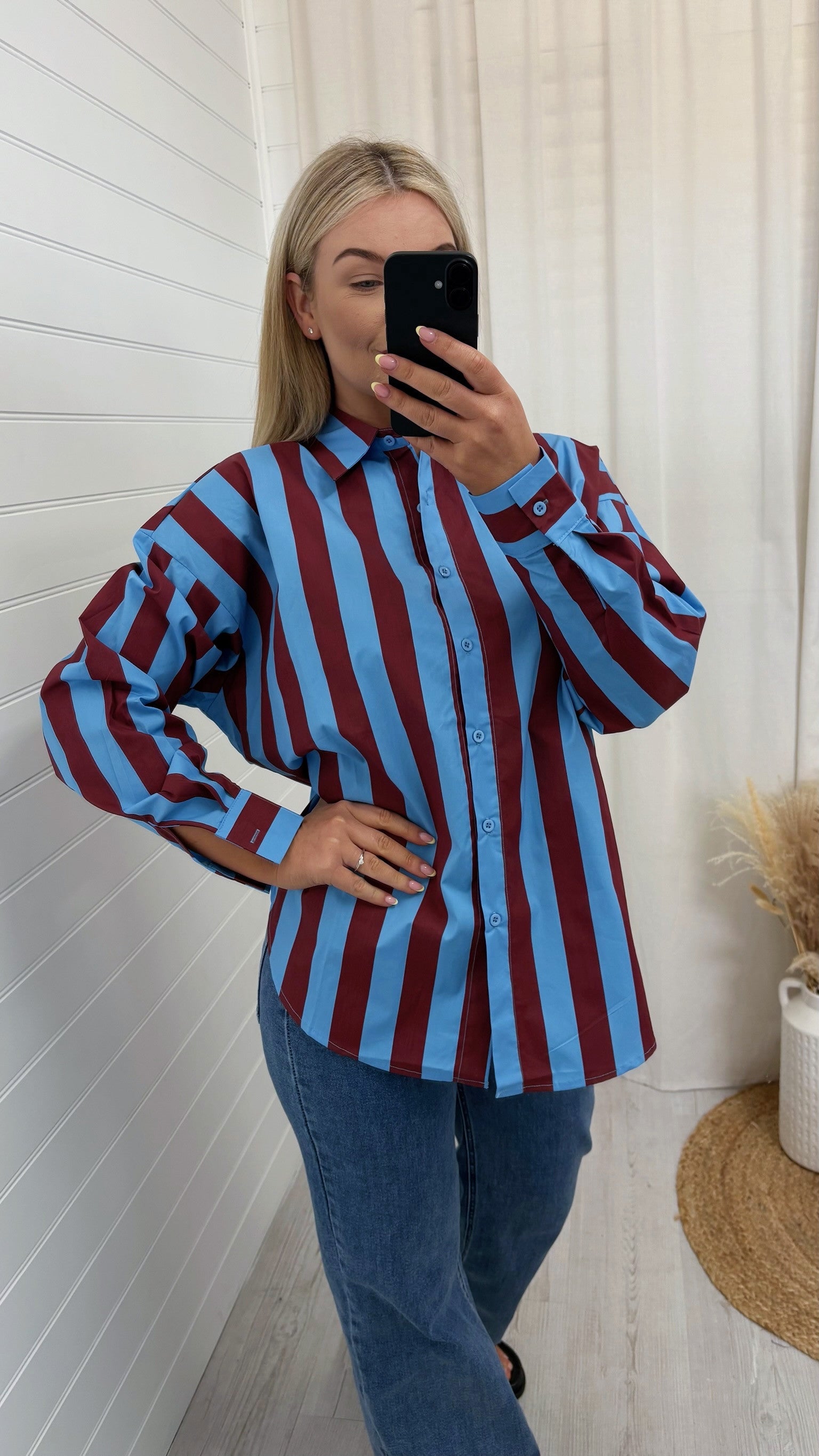 Chunky Stripe Oversized Shirt - BURGUNDY/BLUE